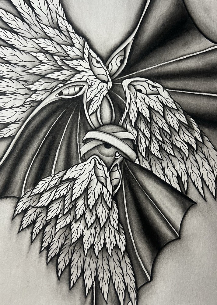 Surrealism Winged Creature Ink Drawing Fantasy Illustration Art on Paper