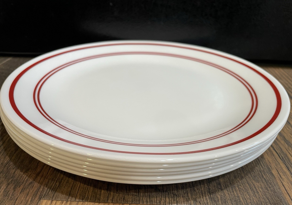 4+2 6 Corelle CLASSIC CAFE Dinner Plates WHITE RED STRIPES Round 10 1/4
