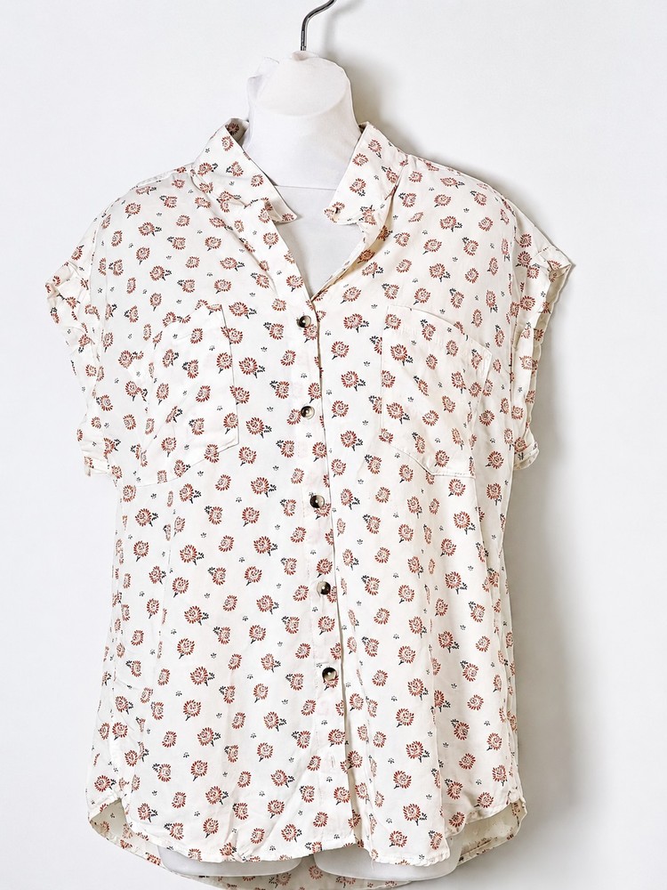 Jachs Girlfriend NY Womens Large Floral Print Button Front Blouse Cap Sleeve