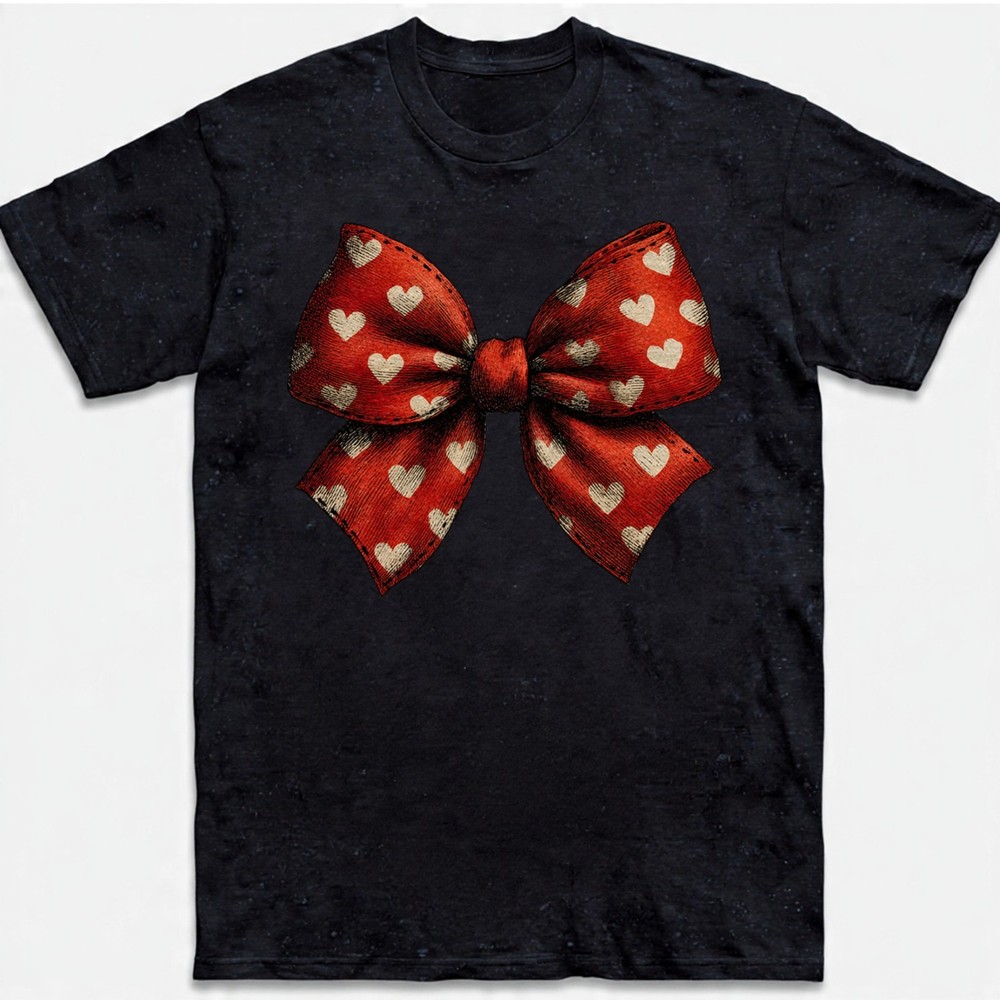Retro Bow Valentine T-shirt Red Hearts Ribbon Valentines Day Lover Graphic Tee