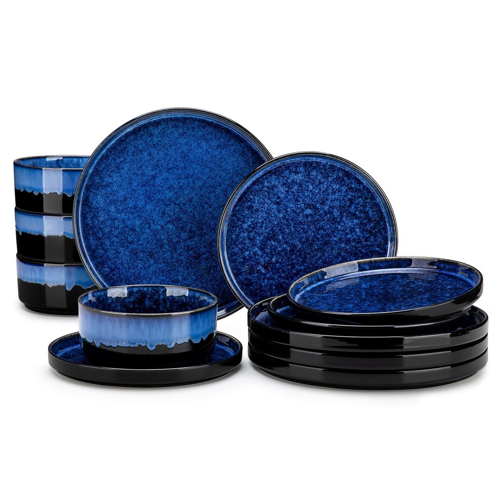 Starry Plates and Bowls Sets,12 Pieces Blue Dinnerware Sets for Kitchen,Moder...