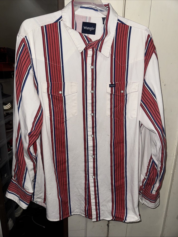 Vintage Wrangler Brushpopper Shirt Men 2XL Stripe Pearl Snap Cowboy Western
