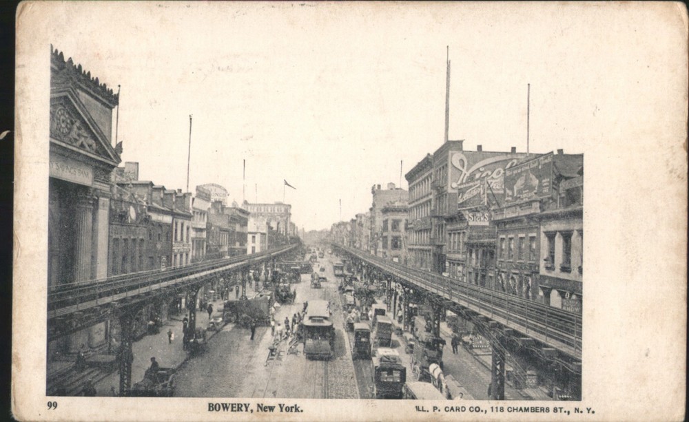 New York City, NY Bowery, City Elevated Train & Street Scene Vintage Postcard