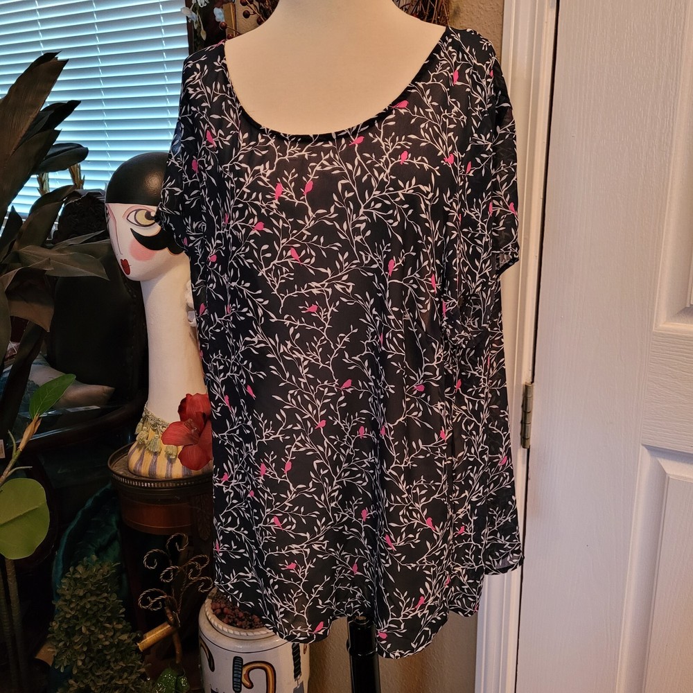 Torrid Blue Pink Bird Print Popover Blouse for Spring Summer Plus Size 3X