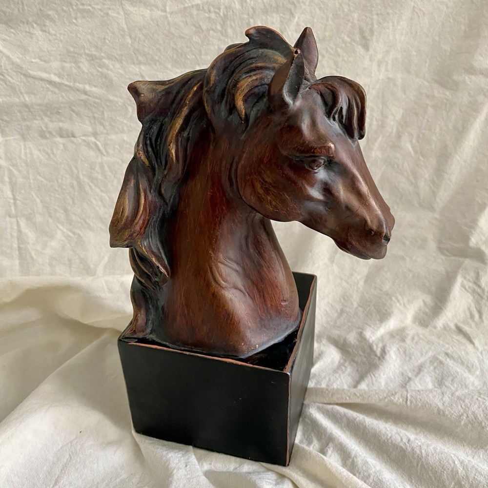 Vintage Resin Horse Head Bust Sculpture Faux Wood Equestrian Statue Shelf Decor