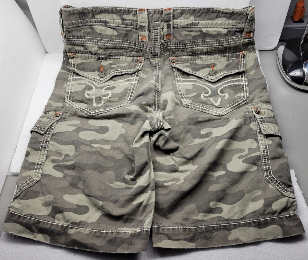 Rock Revival Men's KHAKI CAMO CARGO SHORTS 34 SLIM Measures 36 Button Pockets