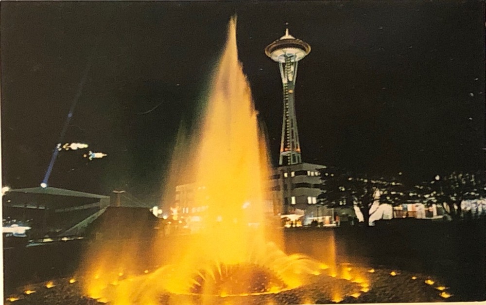 International Fountain At Night Seattle Washington Postcard Space Needle VTG 60s