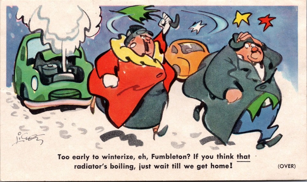 Vintage Prestone Anti-Freeze Cartoon Postcard - Winter Car Trouble Humor