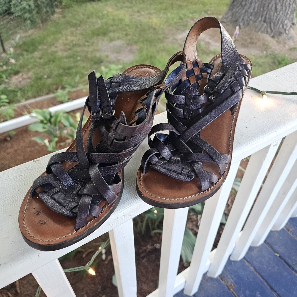 Lucky Brand Block Heel Sandals Blue Leather Peep Toe Size 10M Strap Back