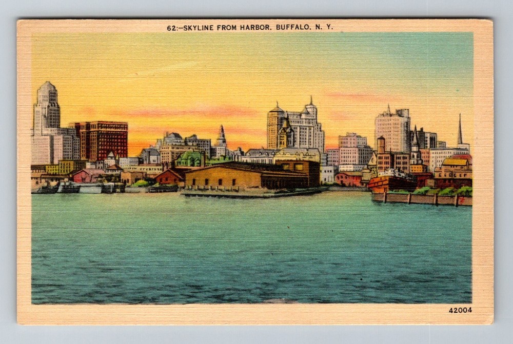 Buffalo, NY-New York Skyline from Harbor Waterfront Sunset View Vintage Postcard