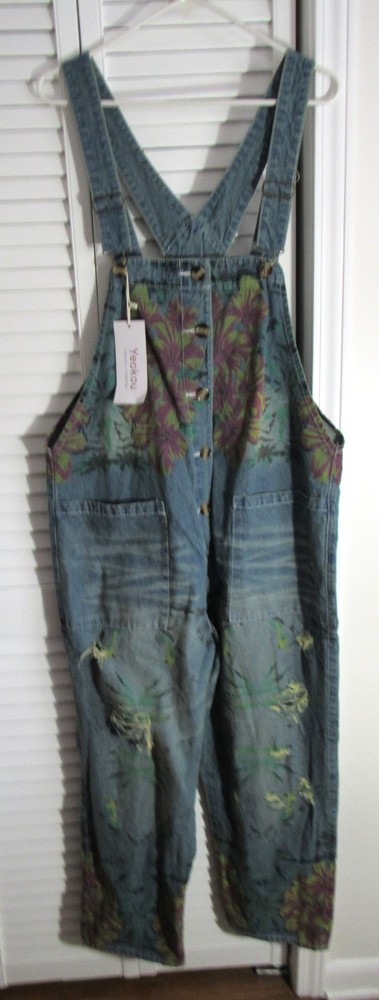 Yeokou Floral Print Distressed Cropped Denim Overalls Size Large **New