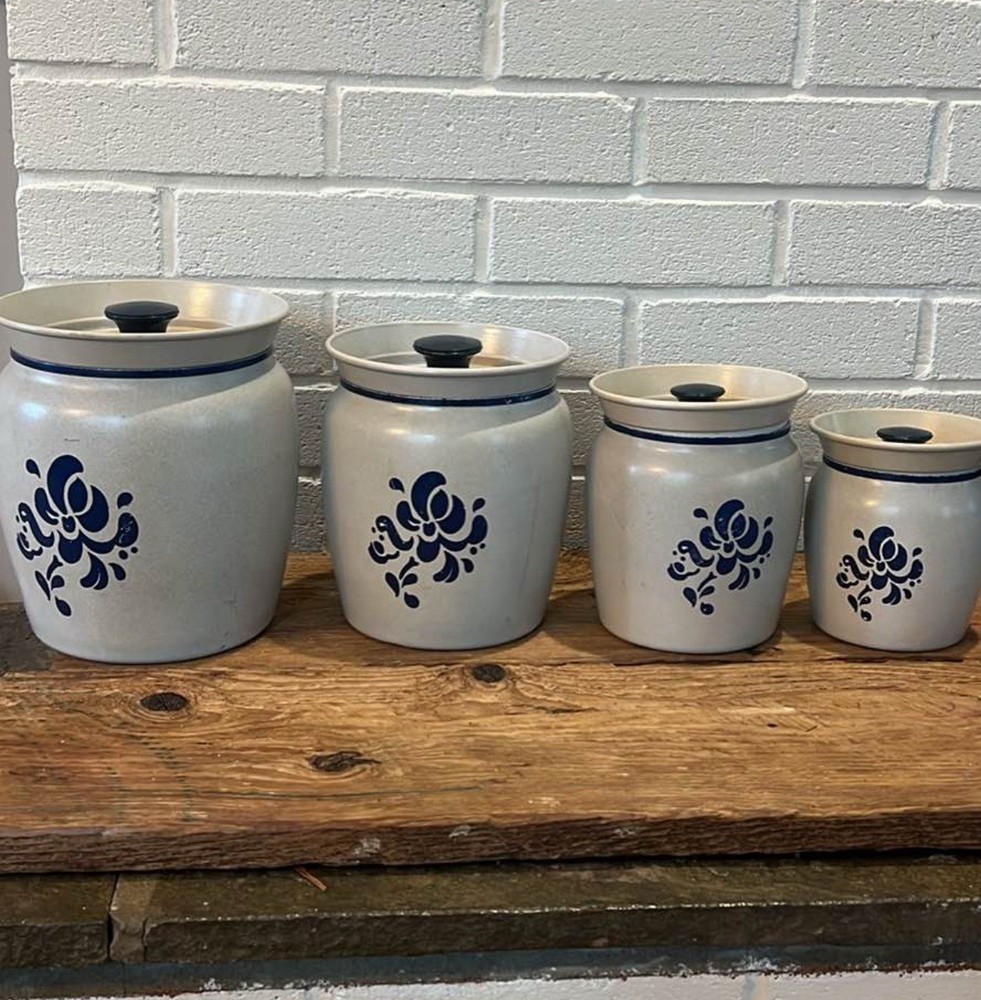 Kromex Metal Canister Set with Blue and Gray Floral Pattern, Lidded, Set of 4