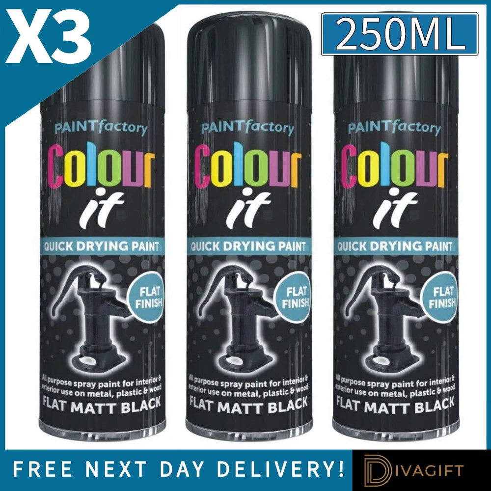 3 x FLAT MATT BLACK FINISH SPRAY PAINT 250ML AEROSOL FOR METAL PLASTIC WOOD NEW