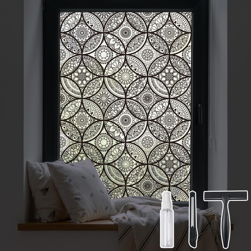 DKTIE Boho Stained Glass Look Window Privacy Film with Installation Tools, De...