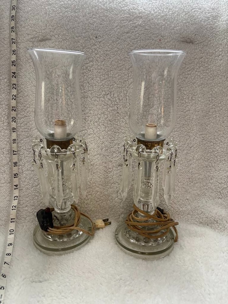 Pair of Vintage Boudoir Mantle Crystal Prisms Electric Hurrican Lamps