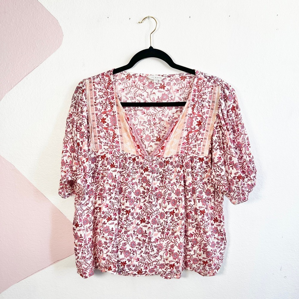 Lucky Brand Peasant Top Pink Floral Bohemian Boho Western Hippie Medium