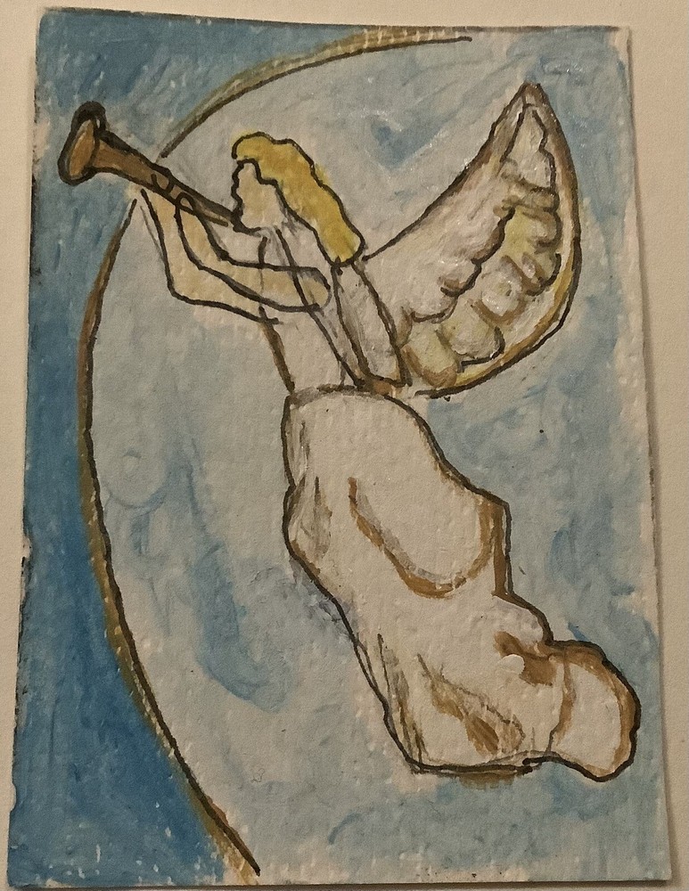 ACEO original Painting Angel Blowing Trumpet Titled Blow The Trumpet 2.5x3.5”
