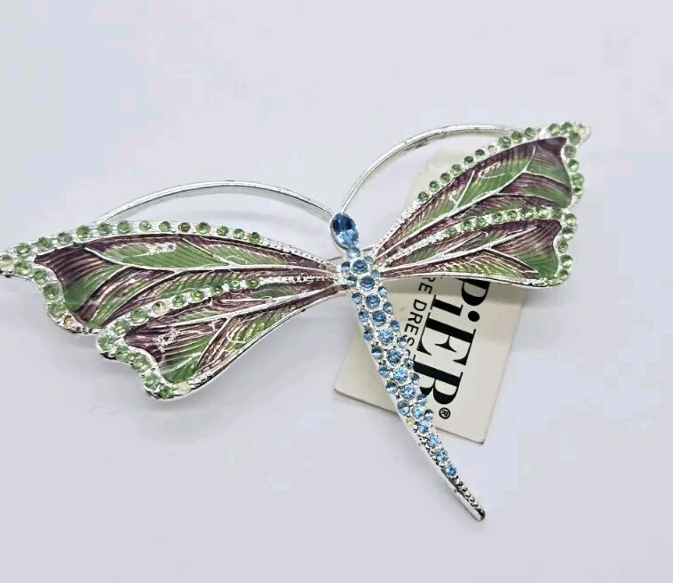 Napier Dragonfly Brooch Blue Green Rhinestone Enamel  Pin Vintage