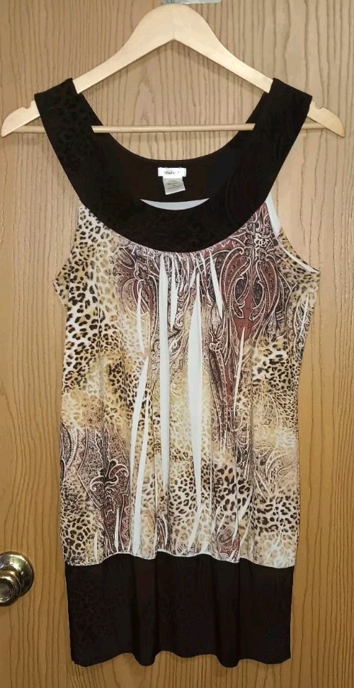 Studio Y Y2K Sleeveless Blouse Womens Size Medium Brown Leopard Print Paisley...