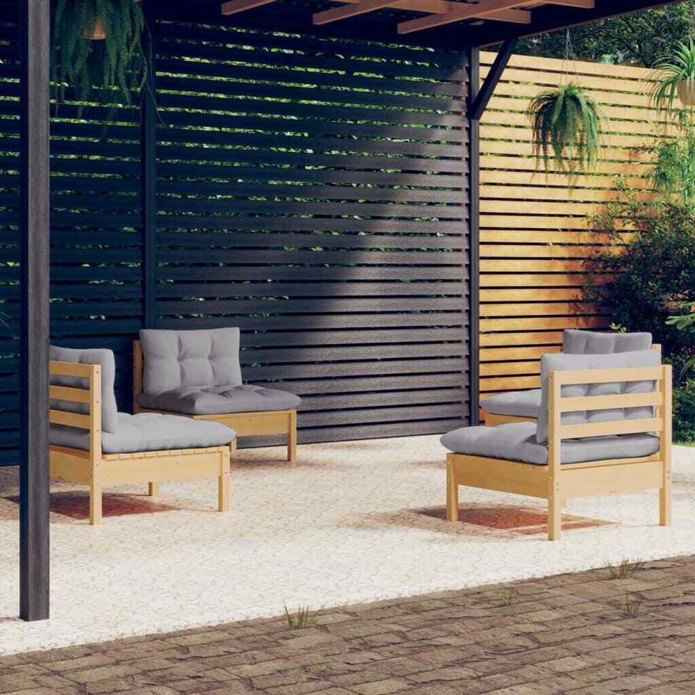 NNEVL 4 Piece Garden Lounge Set with Grey Cushions Pinewood