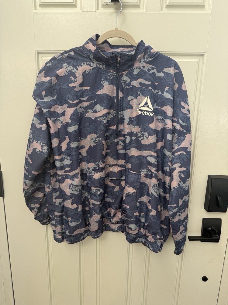 REEBOK Women XXL Pink Blue Camo 1/4 Zip Pullover Windbreaker Jacket
