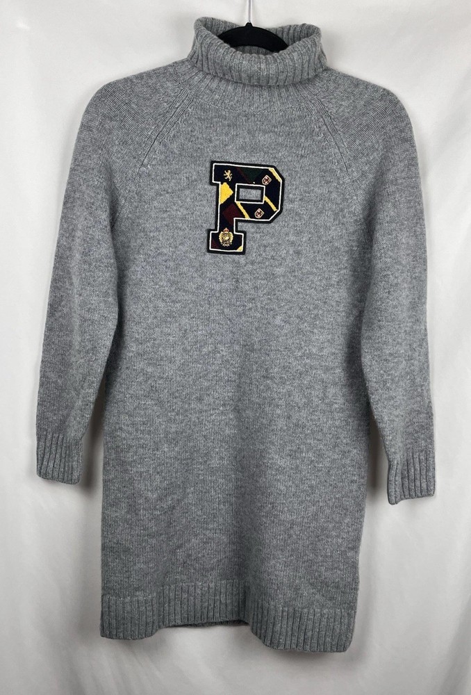 Polo Ralph Lauren Girl L 12-14 Wool Turtleneck Sweater Dress Grey Crest Patch