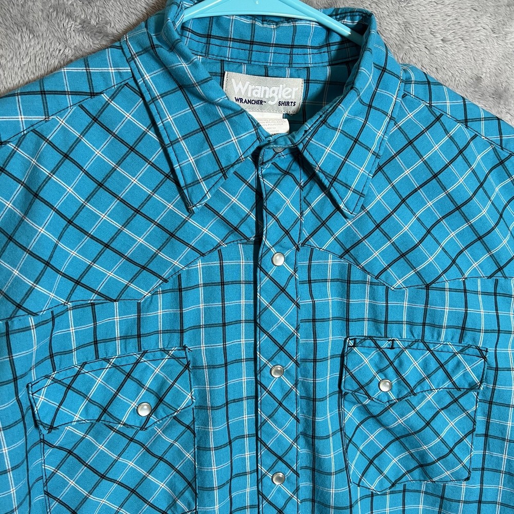 Wrangler Wrancher Men's Large Blue Plaid Pearl Snap Short Sleeve Shirt Cowboy