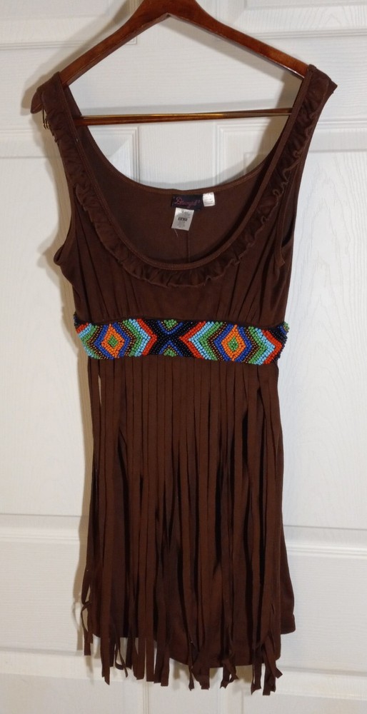 Dreamgirl Boho Fringe Tank Dress with Beaded Faux Leather Detail Size S