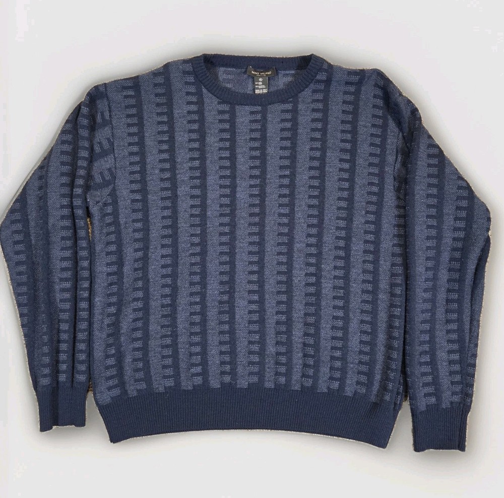 Vtg Mino Milano Geometric Sweater Blue/Black Wool Knit Size XL Made In Italy