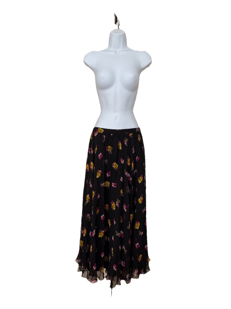 Vintage 80s Black 100% Silk Floral Pattern Skirt Made In Korea Size 4