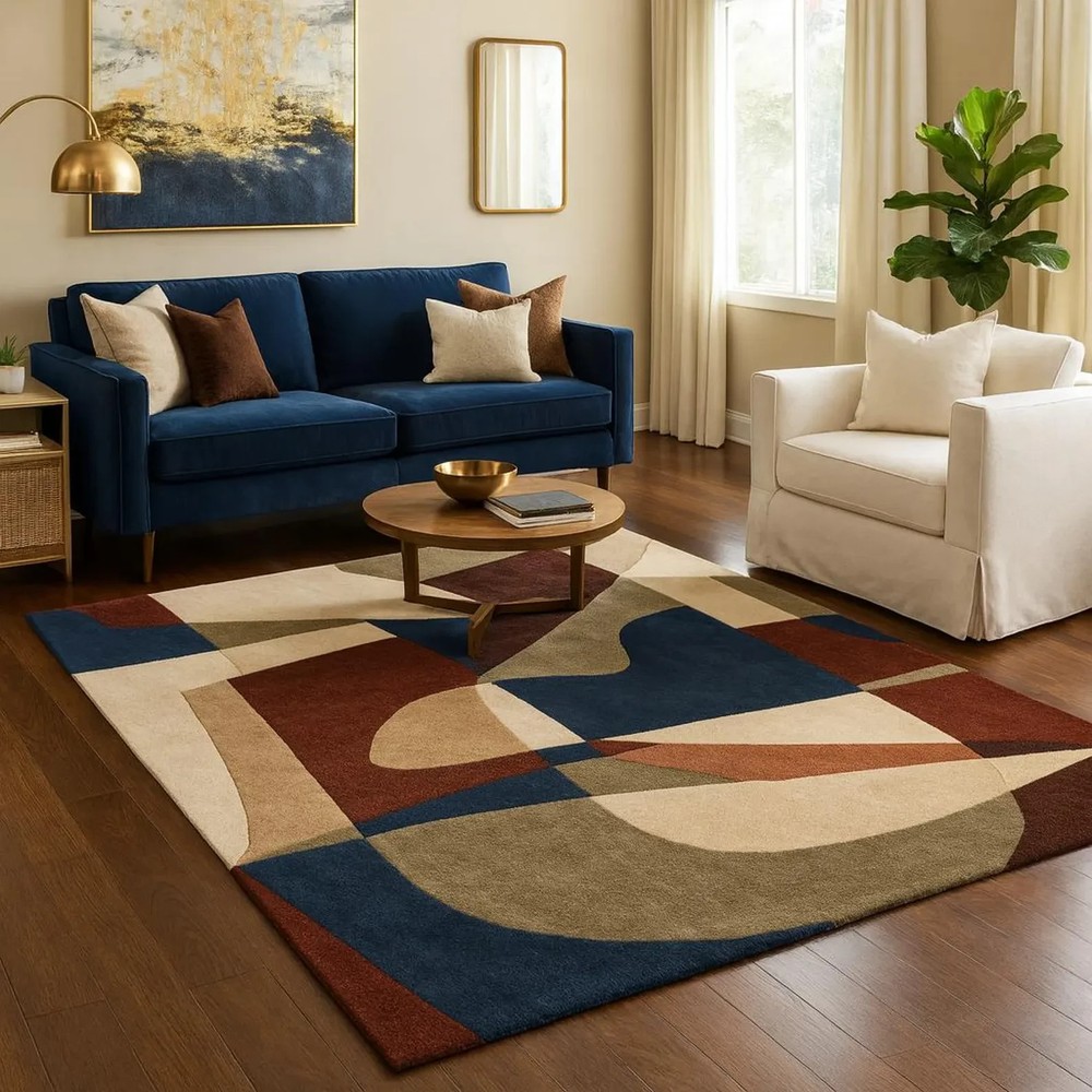 Hand-Tufted 100% Wool Rug – Abstract Geometric Design, Earthy Boho Style Carpet