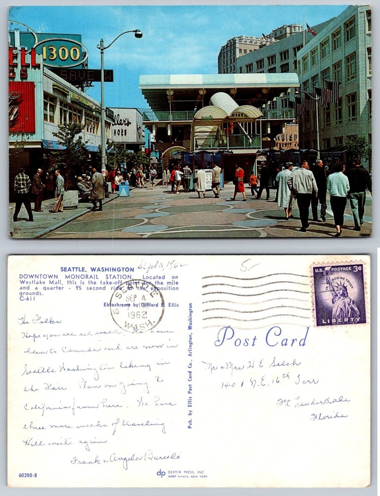 1962 Seattle Monorail Station Postcard Westlake Mall World's Fair Chrome