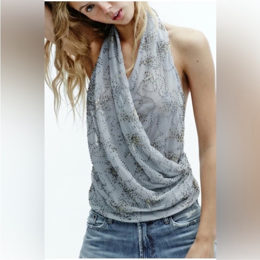 Zara Beaded Embroidered Halter Top Grey Blue L NWT Sold out