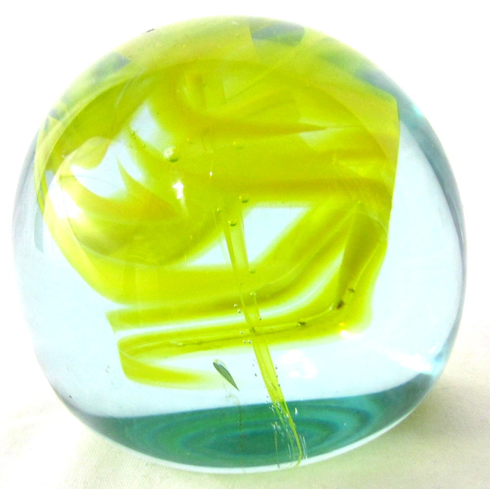 Vintage Paperweight Blown Art Glass Clear with Yellow Abstract Swirl Inside-image