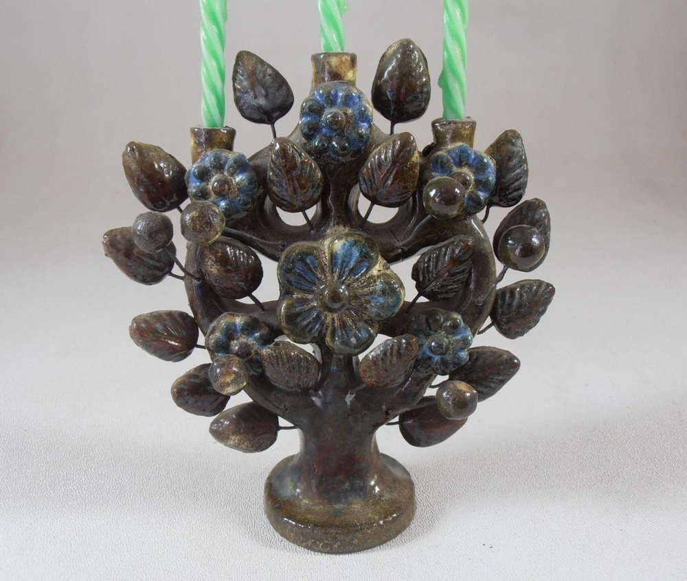 Mexican Folk Art Pottery Miniature Tree of Life Candelabra Flowers Candleholder