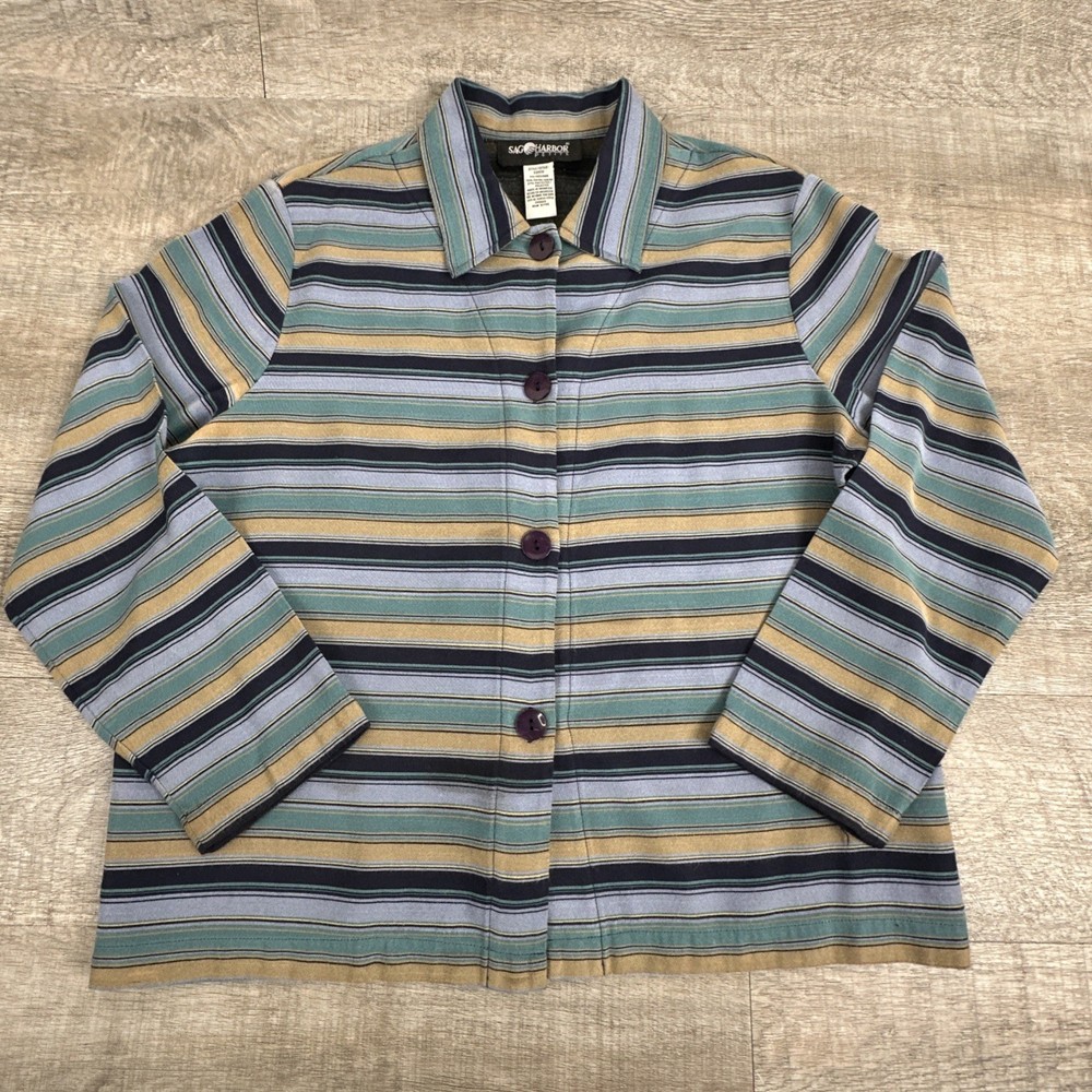 Sag Harbor Women's Multi-Color Striped Collared Button-Up Blouse Top Size PM