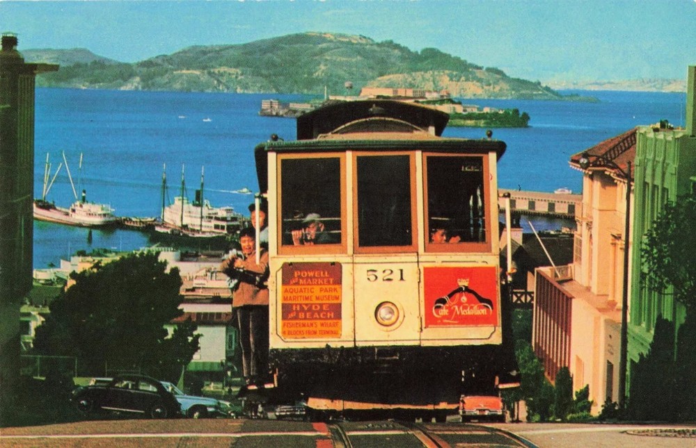Cable Car on San Francisco Hill - Alcatraz San Francisco California CA Postcard