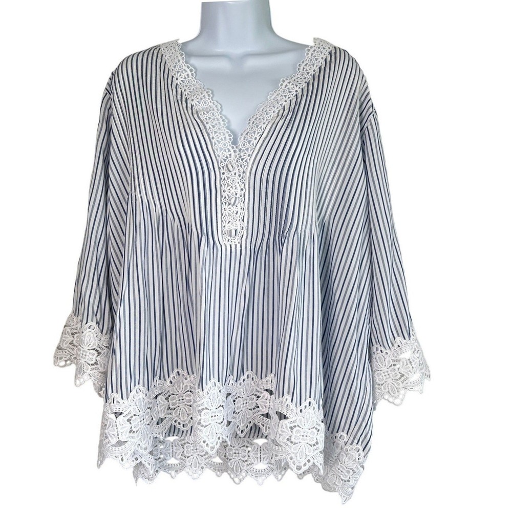 Chelsea and Theodore Boho Flowy Striped Lace Top Size 2X Cottage Romantic
