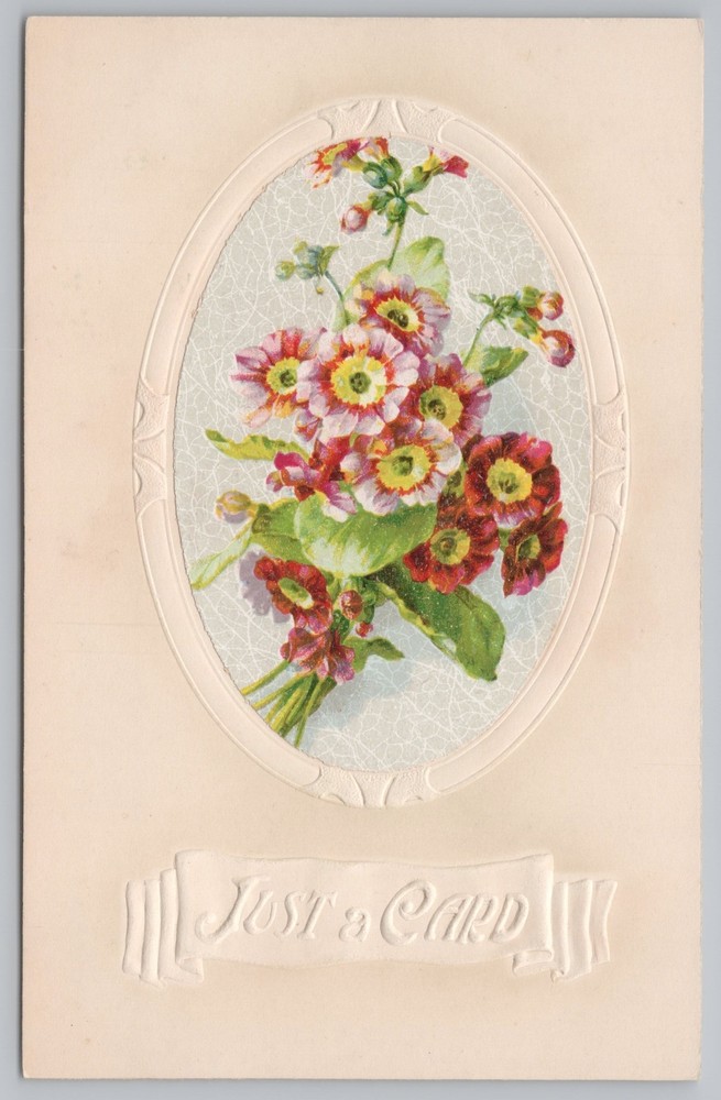 Greetings~Red Flowers~Just A Card~Vintage Postcard