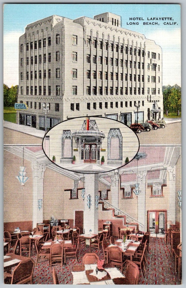 Vtg Linen Postcard Hotel Lafayette Dining Room Long Beach, CA 1930s