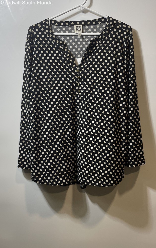 Anne Klein Womens Black Polka Dot Long Sleeve Split Neck Blouse Top Size L