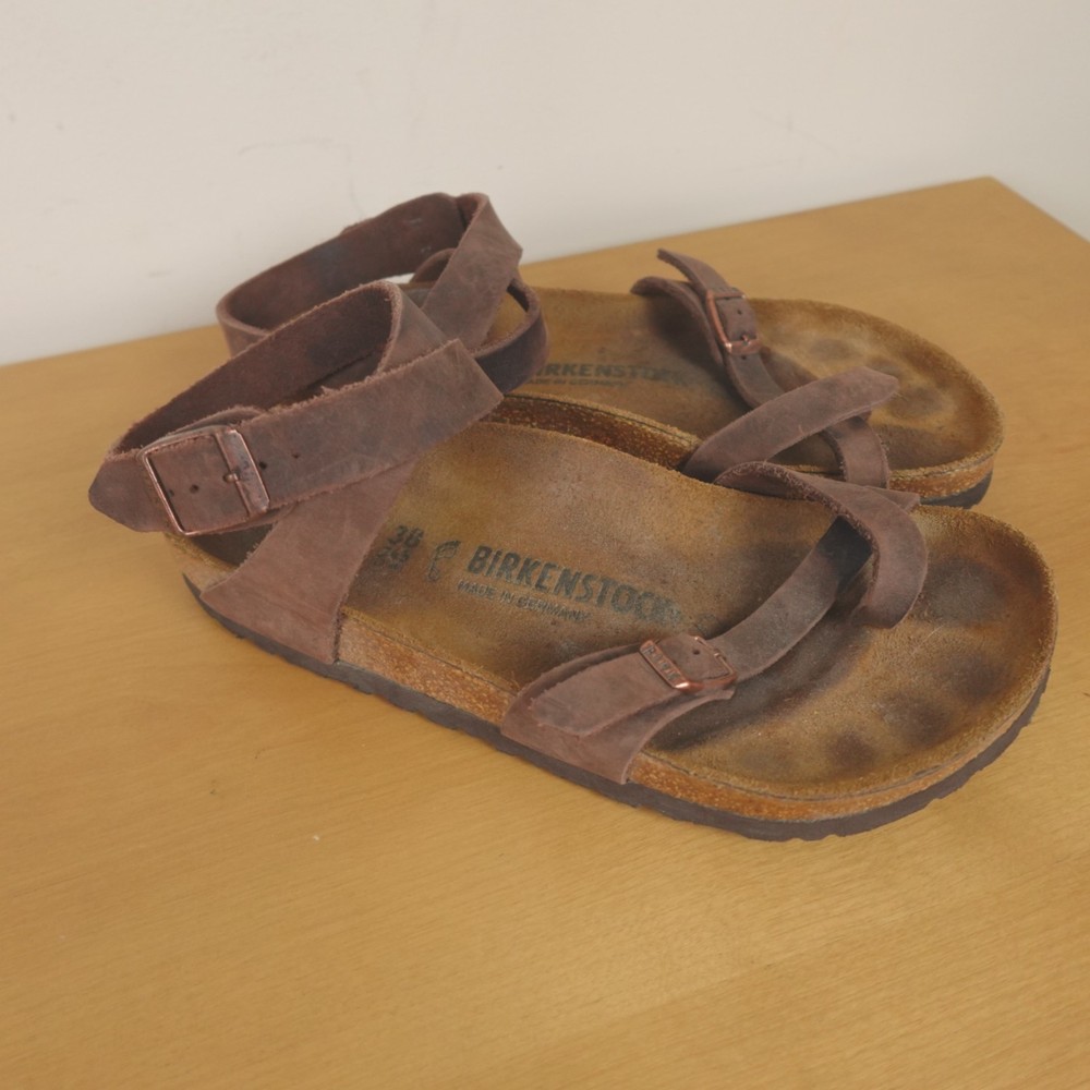 Birkenstock Yara Sandals 38 Womens 7 US Brown Oiled Leather Habana Ankle Strap