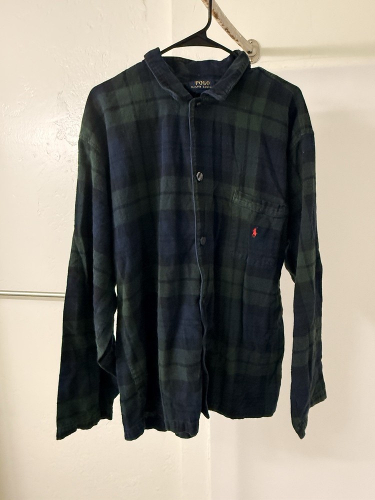Polo Ralph Lauren Men's Green Navy Plaid Flannel Band Collar Shirt Long Sleeve L