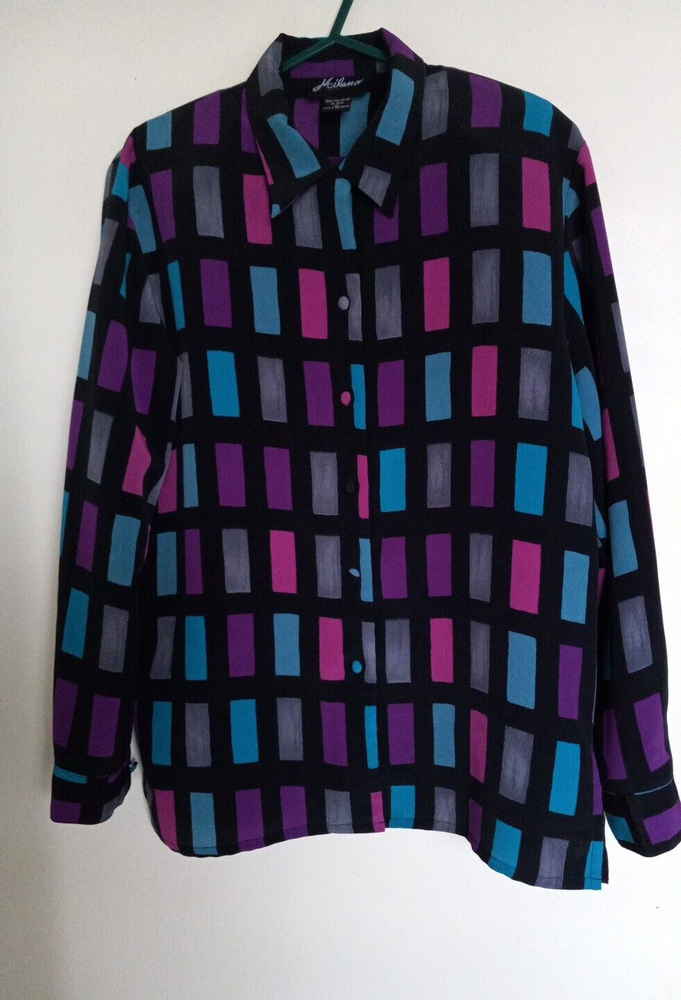 Milano Womens Long Sleeve Button Down Top Multi Color Prints Size M