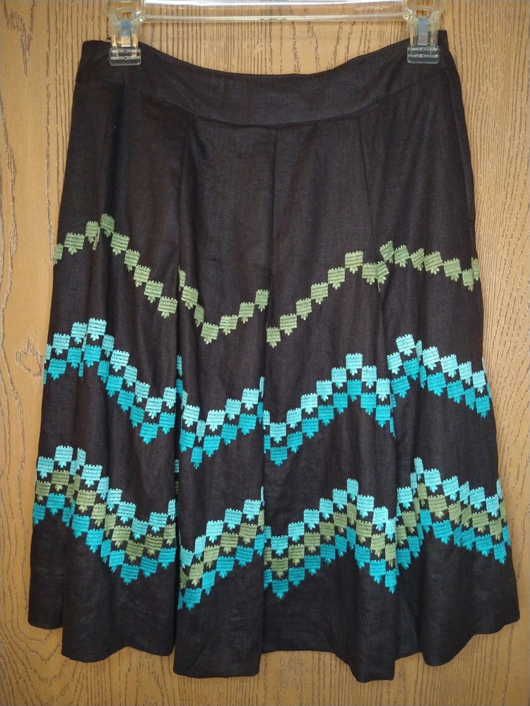 ANN TAYLOR LOFT Petites Brown Linen Midi Skirt 2P Embroidered