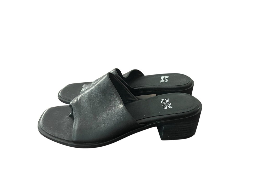 Eileen Fisher Edge Slide Thong Sandal Women 6.5 Black Leather Slip On Low Heel