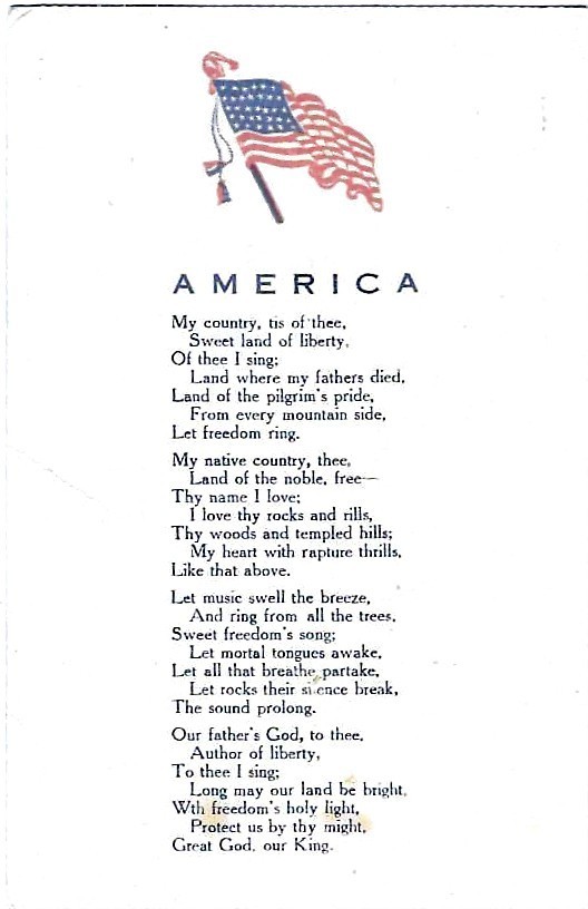 Vintage Greetings Postcard Patriotic Flag America Lyrics My Country Tis Of Thee