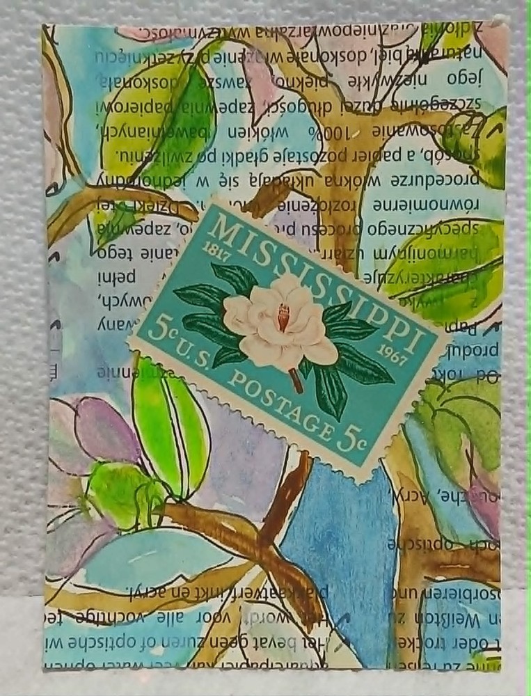 Postal Whimsy OOAK ACEO Mississippi Magnolia 5¢ Stamp Watercolor & Ink Florals