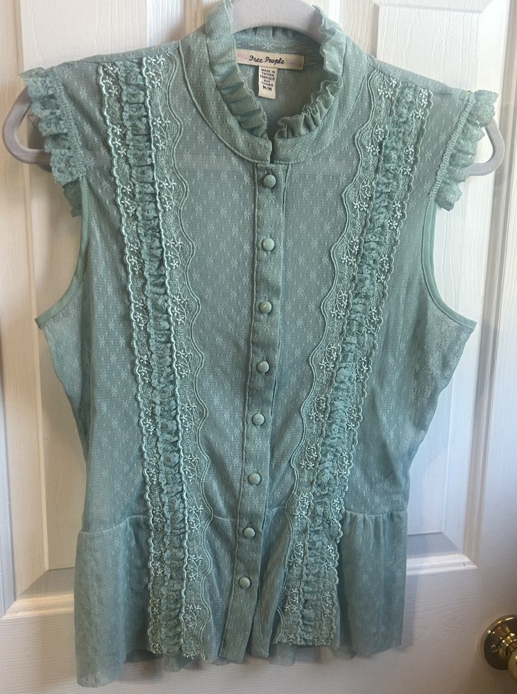 Free People Vintage Y2K Lt. Green Lace Mesh Ruffle Button Front Sleeveless Top M