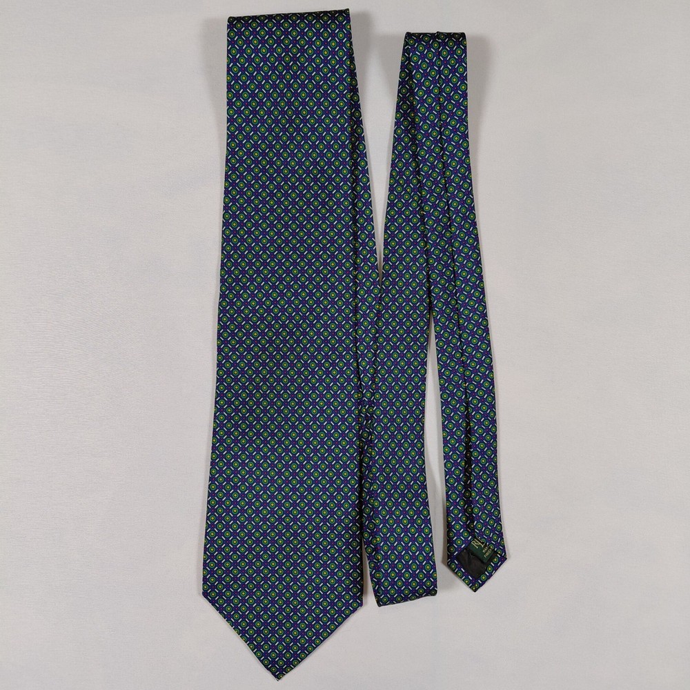 Lauren Ralph Lauren Mens Silk Tie Blue Green Geometric Pattern Hand Finished